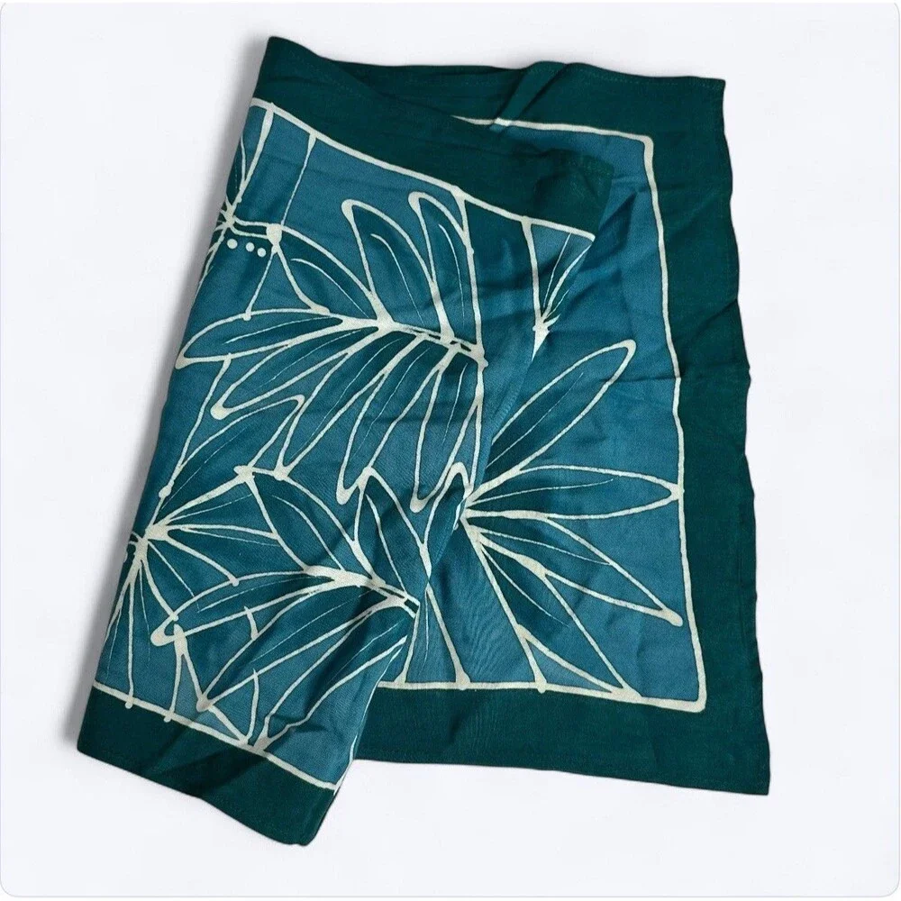 Feedora Hawaii Rectangle Scarf Teal Batik Bamboo Tropical Leaf Print 14